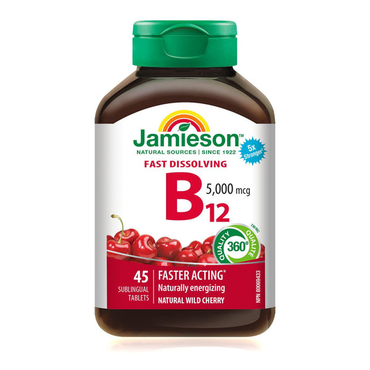 Jamieson Vitamin B-12 5000 mcg Tablets 45 — vitamin supplement at The Boardwalk Pharmacy, Kitchener-Waterloo