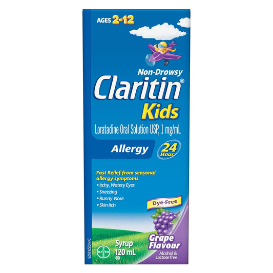 Claritin Syrup 5 mg Kids Grape 240 mL — allergy medication at The Boardwalk Pharmacy, Kitchener-Waterloo