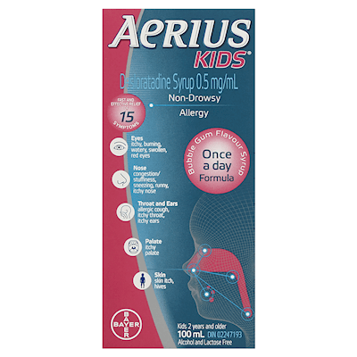 Aerius Kids AllG Bubble Gum N-D 100ML — allergy relief at The Boardwalk Pharmacy, Kitchener-Waterloo