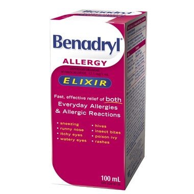 Benadryl Elixir 100ML — allergy relief at The Boardwalk Pharmacy, Kitchener-Waterloo