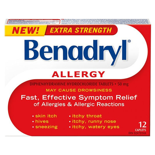 Benadryl Extra Strength (12) — allergy relief at The Boardwalk Pharmacy, Kitchener-Waterloo