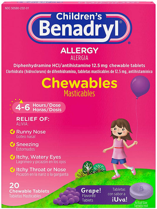 Benadryl Kids Grape 12.5MG (20) — allergy relief at The Boardwalk Pharmacy, Kitchener-Waterloo