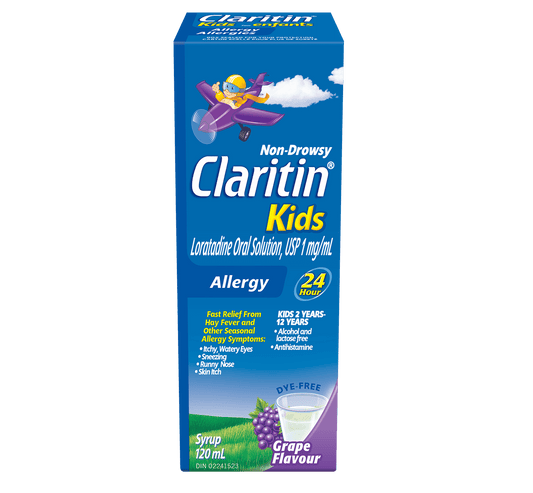 Claritin 24HR Kids Syrup Grape 120ML — allergy relief at The Boardwalk Pharmacy, Kitchener-Waterloo