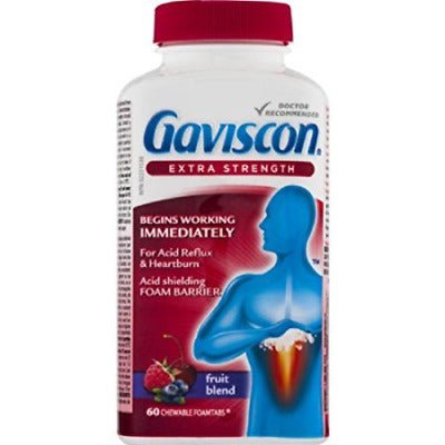 Gaviscon Tabs X-STR Fruit (60) — stomach aid at The Boardwalk Pharmacy, Kitchener-Waterloo