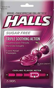 Halls Bag Sugar Free Black Cherry 25's — cough and cold relief at The Boardwalk Pharmacy, Kitchener-Waterloo