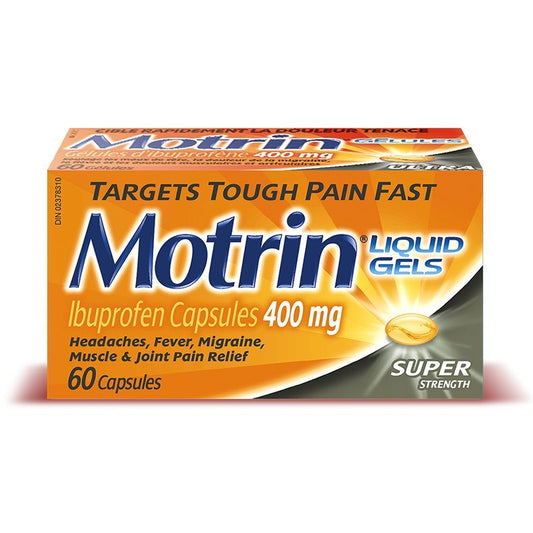 Motrin IB Liquid Gel 400MG 60's — pain relief at The Boardwalk Pharmacy, Kitchener-Waterloo