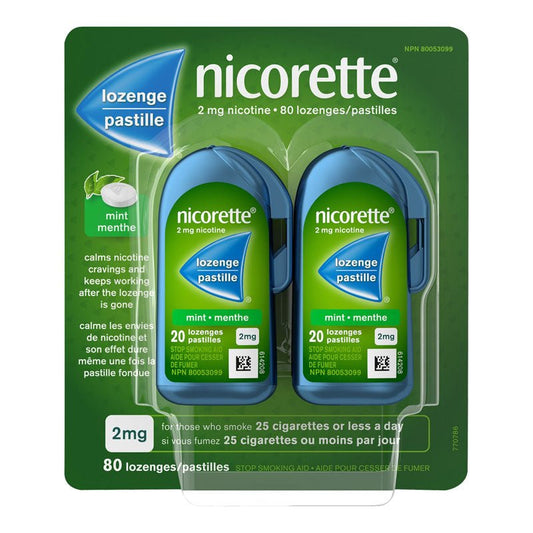Nicorette Mini Lozenge Fresh Mint 2MG 80's — smoking cessation at The Boardwalk Pharmacy, Kitchener-Waterloo
