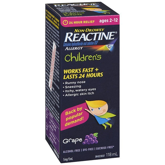Reactine Children's Grape 118ML — allergy relief at The Boardwalk Pharmacy, Kitchener-Waterloo